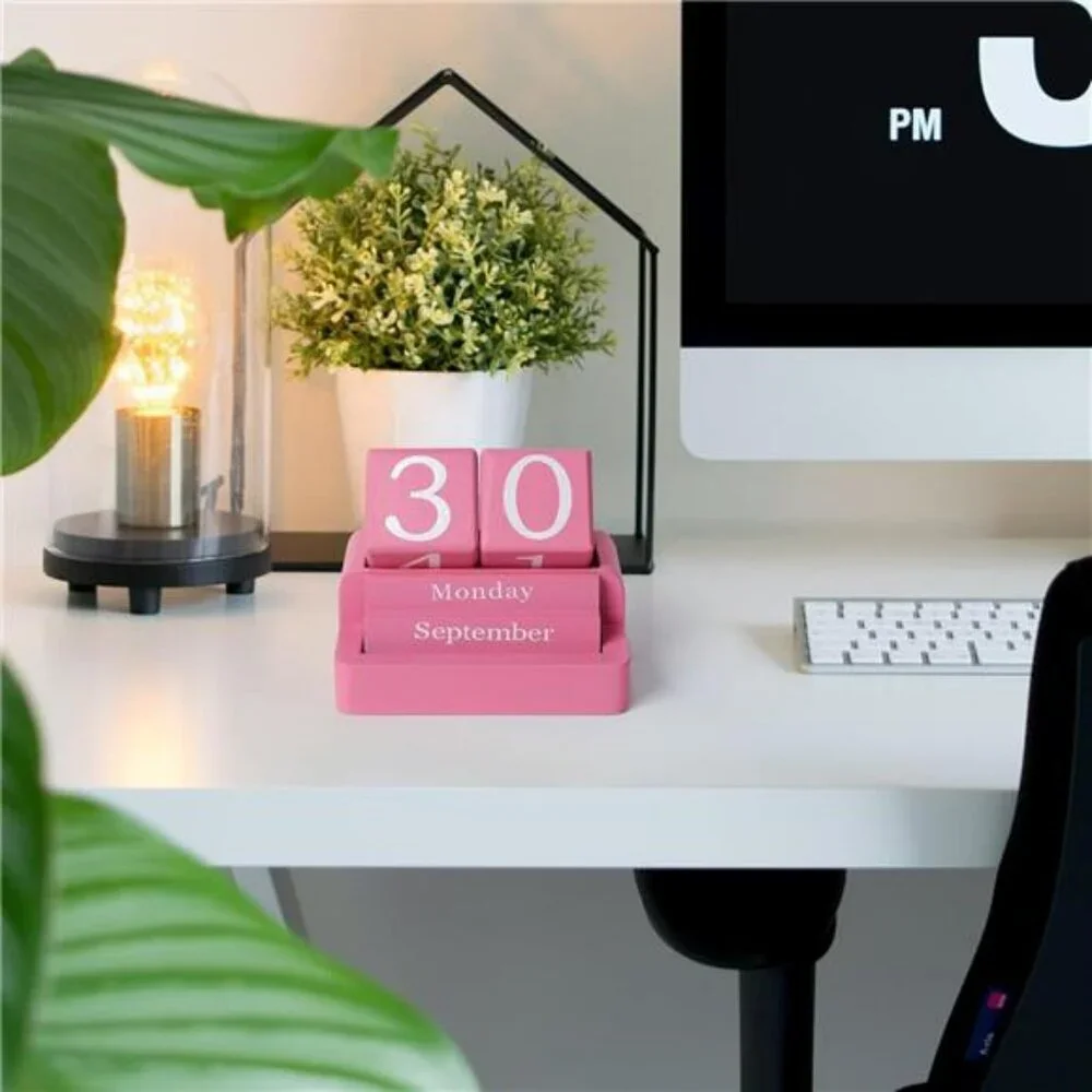 Wooden Block Perpetual Desk Calendar Reusable Date Display Home Office Decor